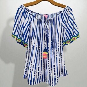 Lilly Pulitzer Sain Off The Shoulder Top in the Blue Crush Bay Stripe size M